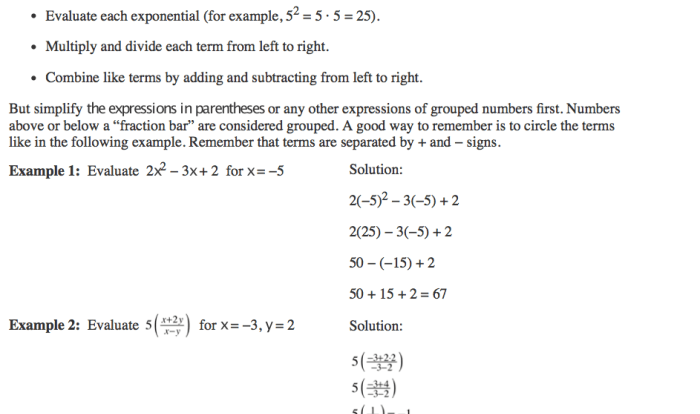 Order of operations and evaluating expressions worksheet