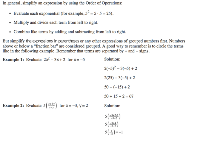 Order of operations and evaluating expressions worksheet